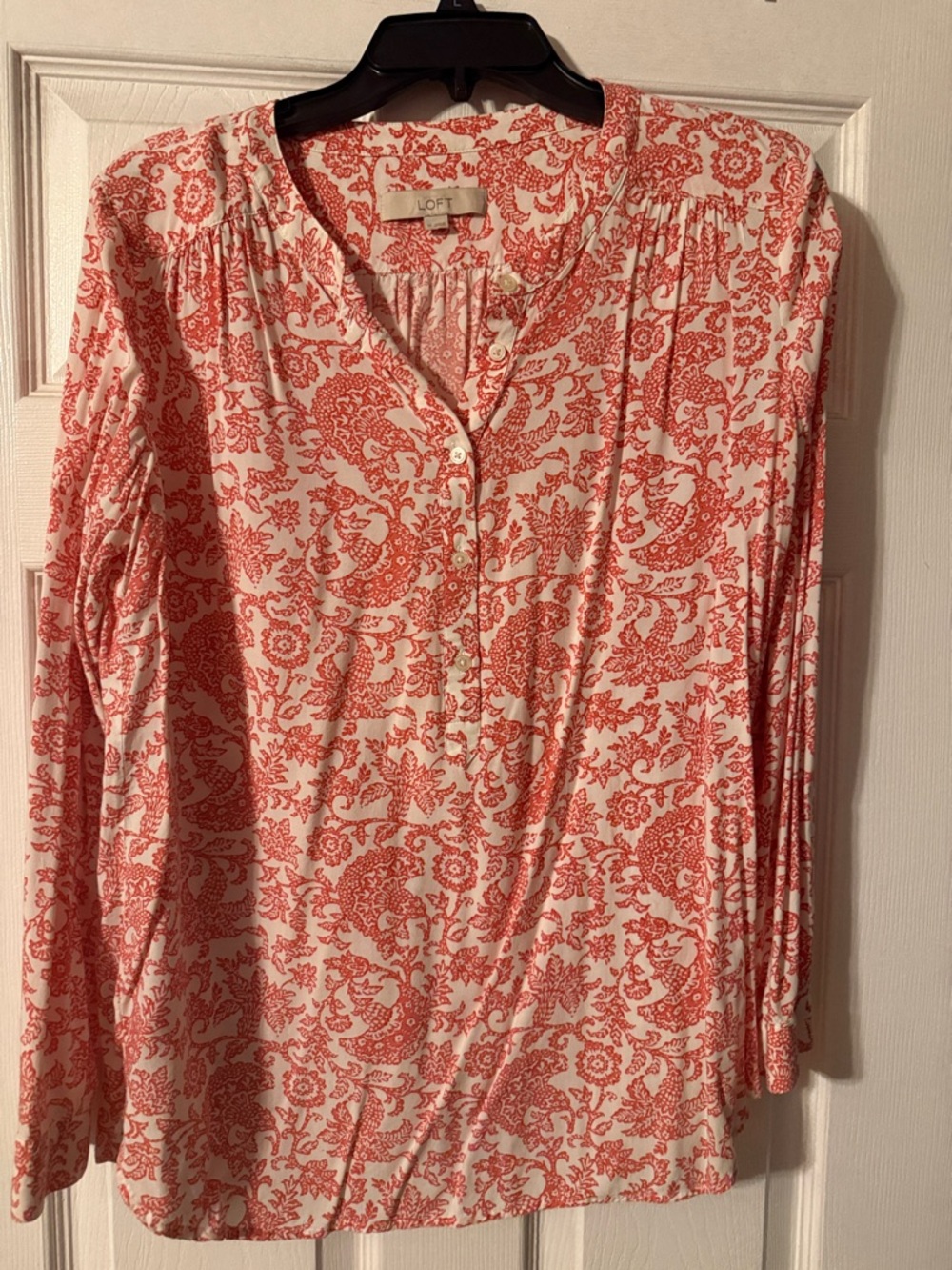 LOFT Red/Coral-Paisley Long-Sleeve Button Henley Blouse